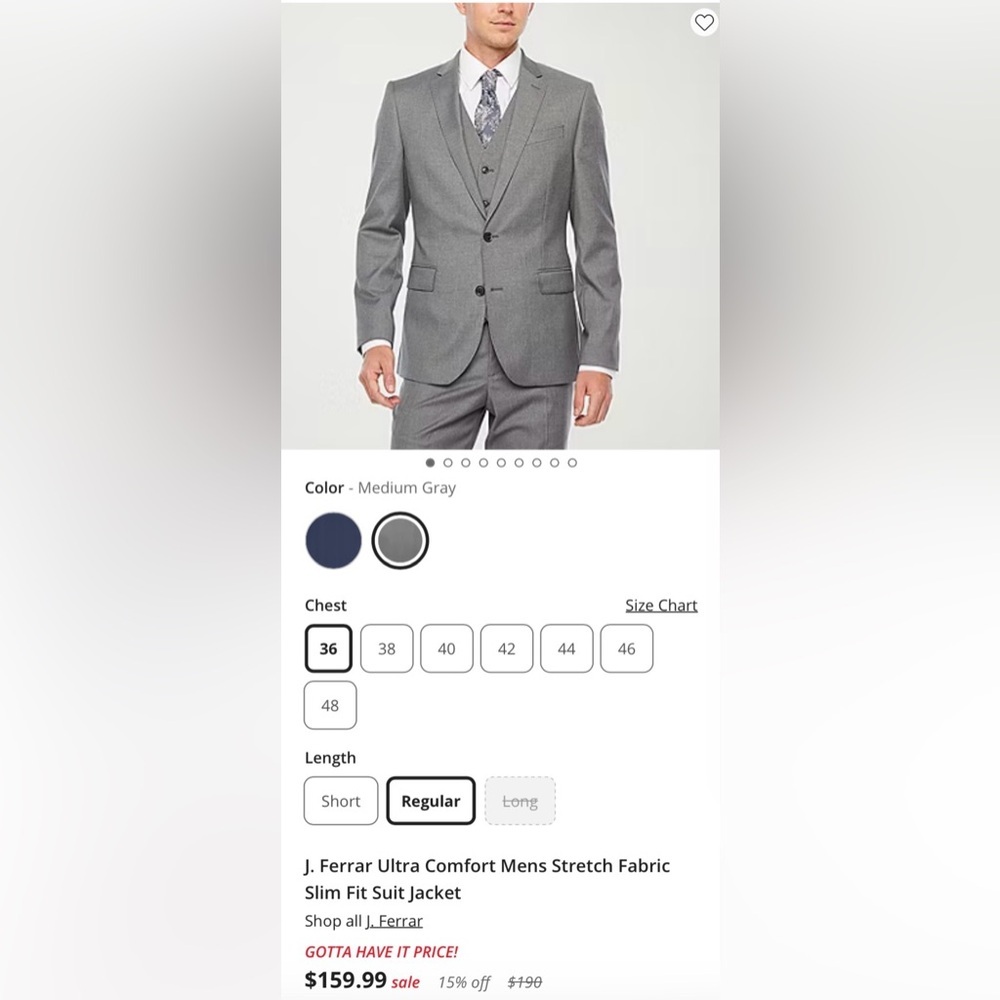 J. Ferrar Gray suit Slim Fit Suit Jacket 42R Men’s Blazer Business Formal - Picture 4 of 5